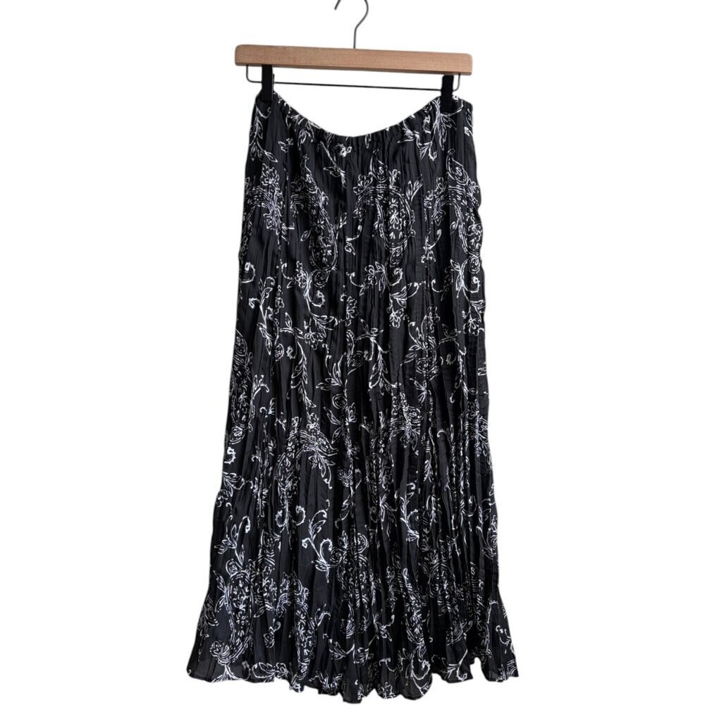 VTG Laura Ashley Black and White Pleated Paisley Midi Skirt Size XL